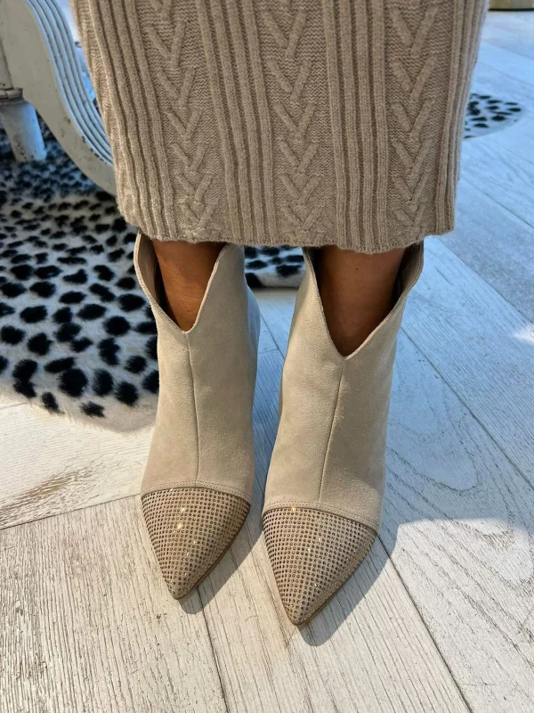 LOF Boutique Babouche Yasmin Strass Ankle Boots Beige> Hakken