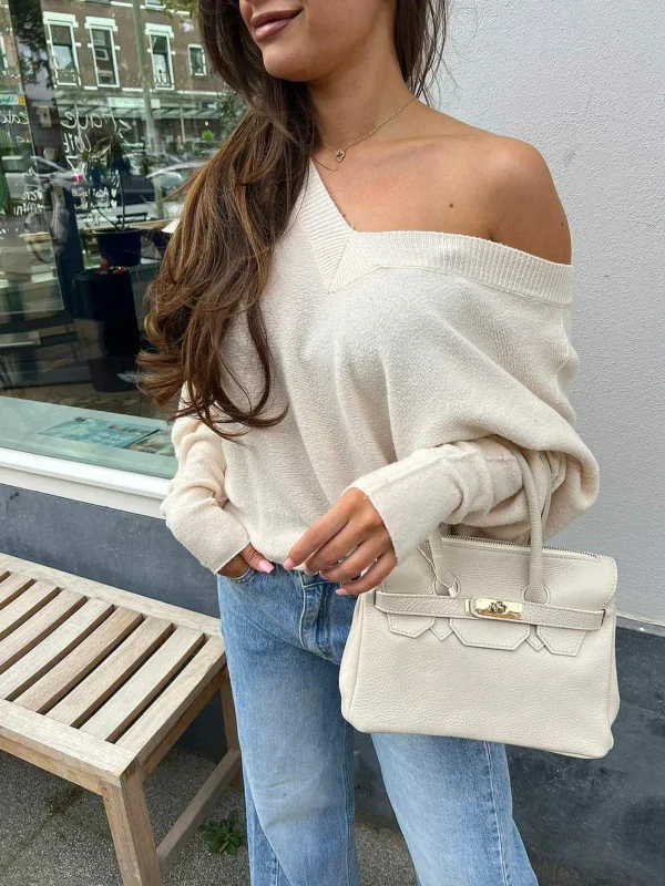 LOF Boutique Basic V-Neck Sweater Beige> Truien