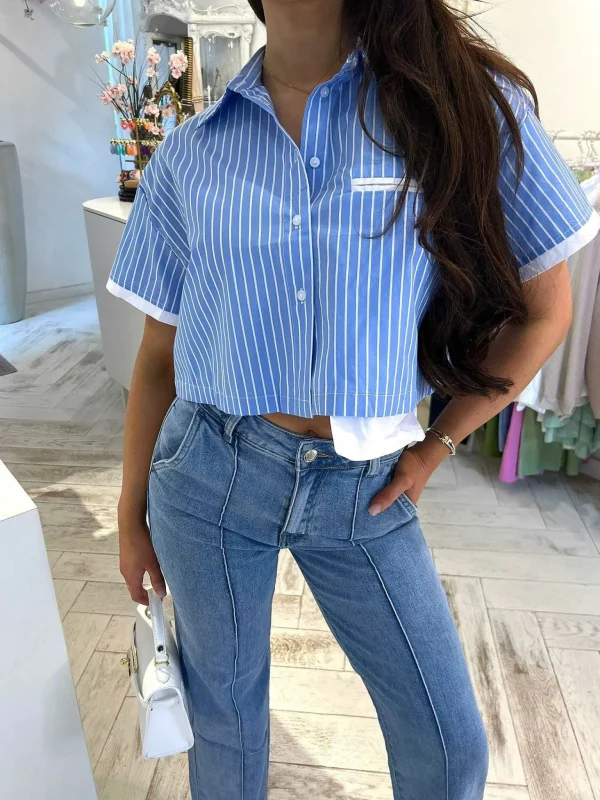 LOF Boutique Beau Cropped Stripe Blouse Blue> Tops & Blousjes