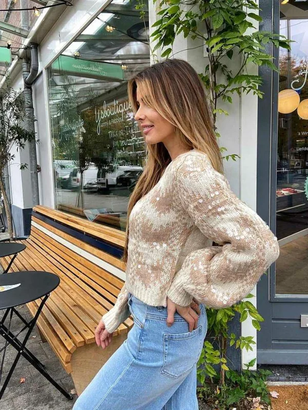 LOF Boutique Cropped Knitted Sequin Sweater Beige & Off White> Truien