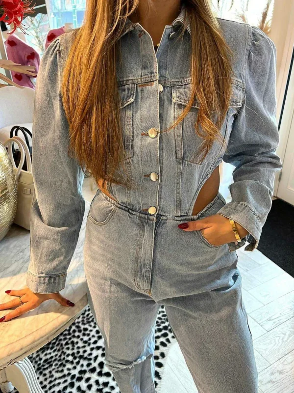 LOF Boutique Denim Cut Out Jumpsuit Blue> Jumpsuits