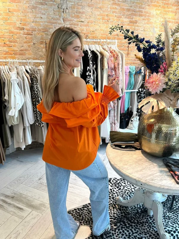 LOF Boutique Elena Off Shoulder Ruffle Blouse Orange> Tops & Blousjes