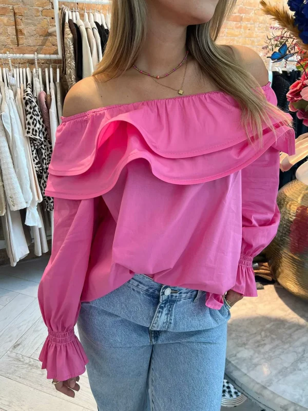 LOF Boutique Elena Off Shoulder Ruffle Blouse Pink> Tops & Blousjes