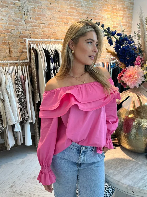 LOF Boutique Elena Off Shoulder Ruffle Blouse Pink> Tops & Blousjes