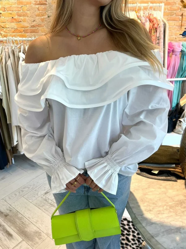 LOF Boutique Elena Off Shoulder Ruffle Blouse White> Tops & Blousjes