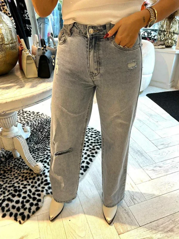 LOF Boutique Elly Straight Fit Ribbed Knee Jeans> Broeken