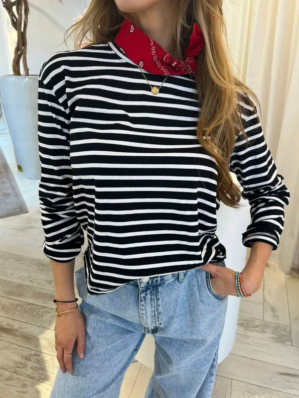 LOF Boutique Kiki Stripe Long Sleeve Top Black> Tops & Blousjes