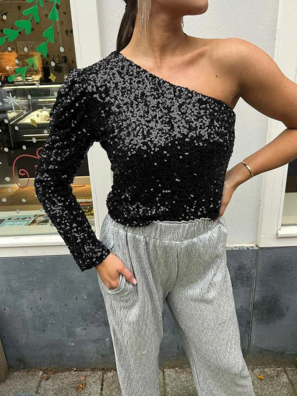 LOF Boutique Lacy Sequin One Shoulder Top Black> Tops & Blousjes