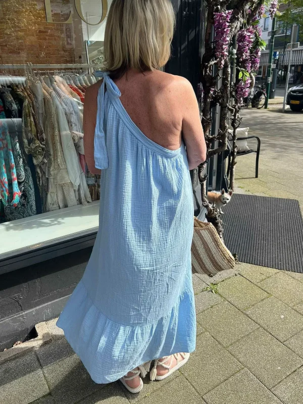 LOF Boutique Lily One Shoulder Mousseline Dress Blue> Jurken