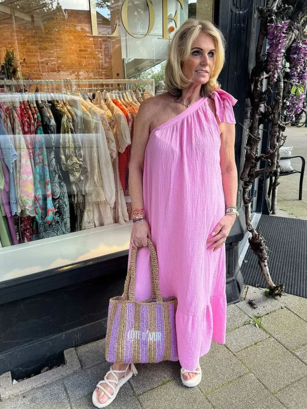 LOF Boutique Lily One Shoulder Mousseline Dress Pink> Jurken