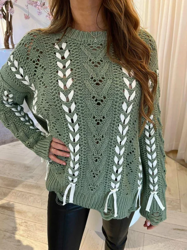 LOF Boutique Lola Braid Sweater Sage Green> Truien