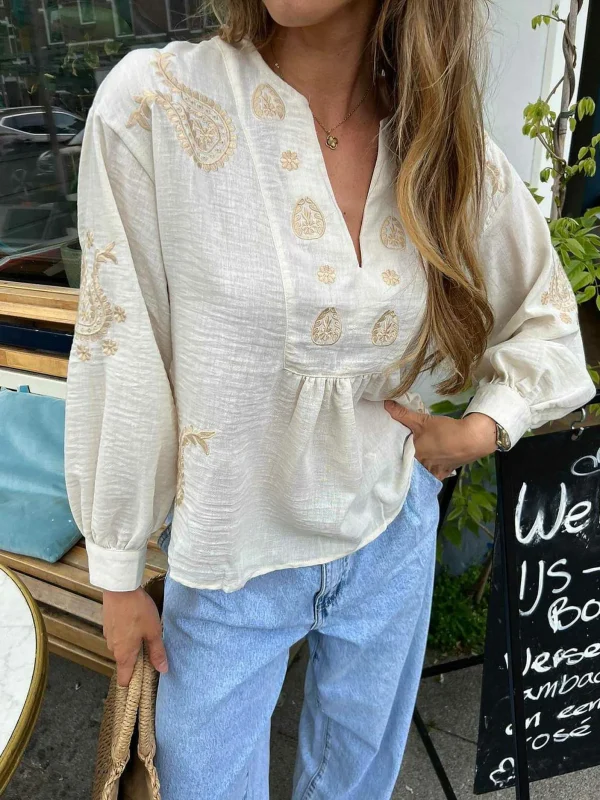 LOF Boutique Lola Broderie Blouse Beige> Tops & Blousjes