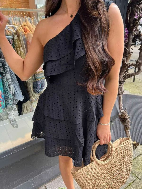 LOF Boutique Luna Broderie One Shoulder Dress Black> Jurken