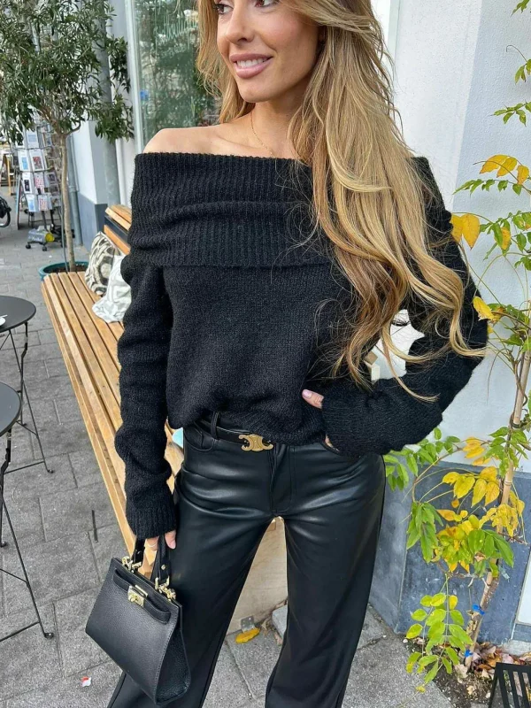 LOF Boutique Mia Off Shoulder Sweater Black> Truien