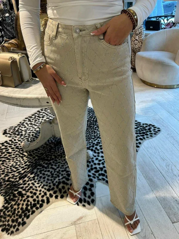 LOF Boutique Mila Strass Jeans Light Beige> Broeken