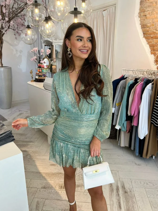 LOF Boutique Nella Glitter Ruffle Dress Ocean Blue> Jurken