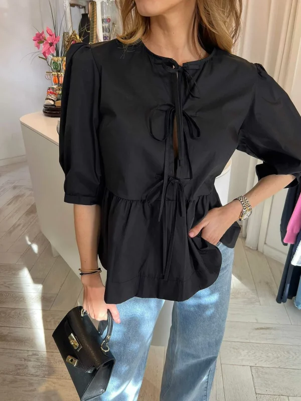 LOF Boutique Nine Bow Blouse Black> Tops & Blousjes