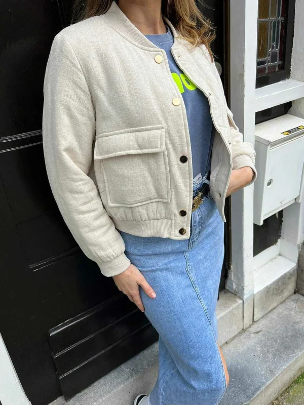 LOF Boutique Nore Linen Bomber Jacket Beige> Jassen