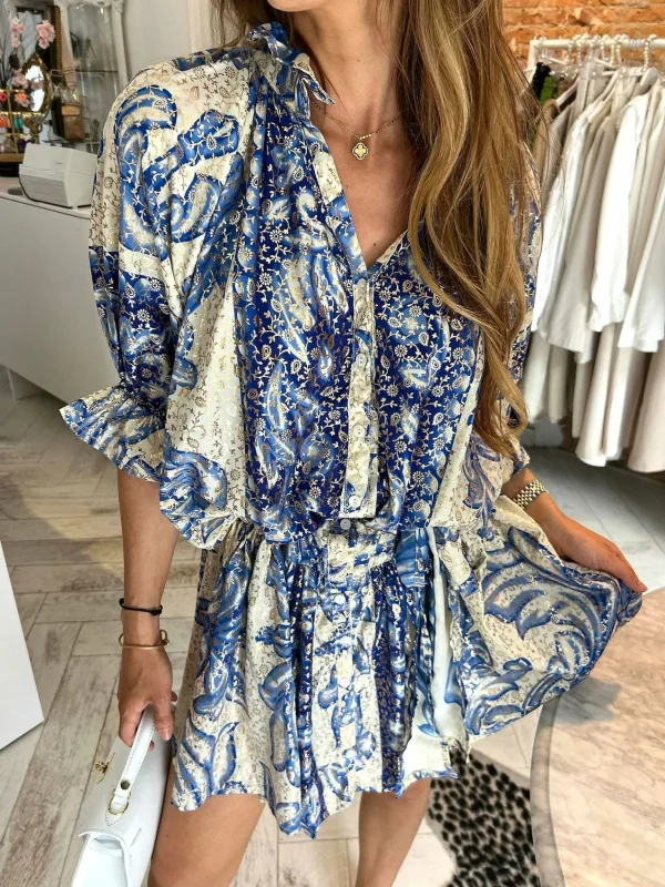 LOF Boutique Ruby Golden Print Dress Ocean Blue> Jurken