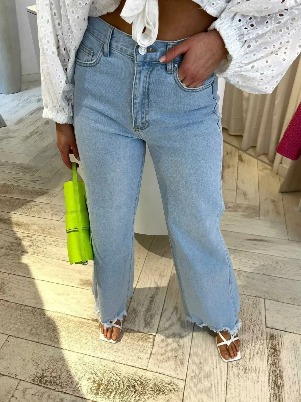 LOF Boutique Ruffle Wide Leg Jeans Light Blue> Broeken