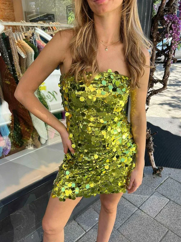 LOF Boutique Sequin Strapless Dress Lime> Jurken