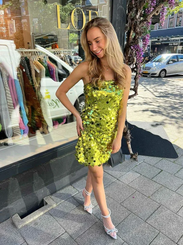 LOF Boutique Sequin Strapless Dress Lime> Jurken