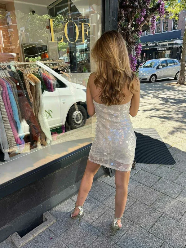 LOF Boutique Sequin Strapless Dress Off White> Jurken