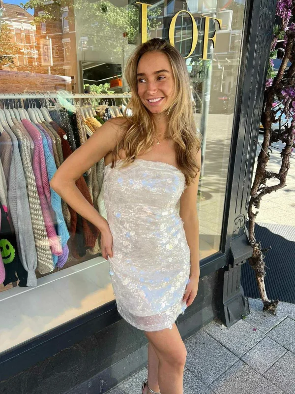 LOF Boutique Sequin Strapless Dress Off White> Jurken