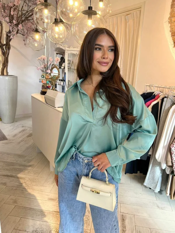 LOF Boutique Silky V Neck Blouse Mint> Tops & Blousjes