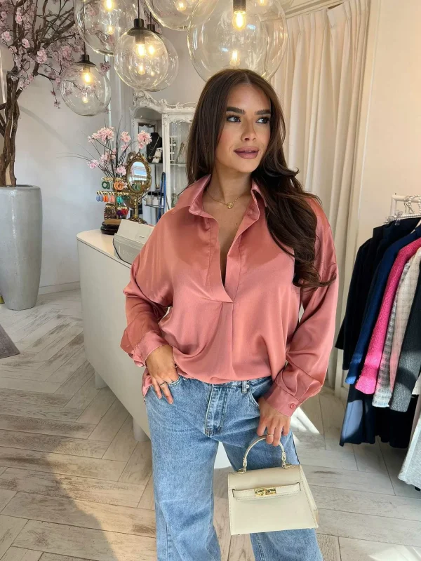 LOF Boutique Silky V Neck Blouse Peach> Tops & Blousjes