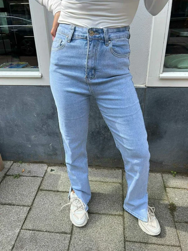 LOF Boutique Straight Fit Light Denim Split Jeans> Broeken