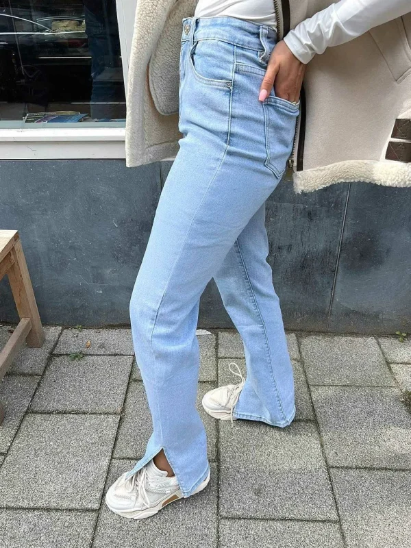 LOF Boutique Straight Fit Light Denim Split Jeans> Broeken