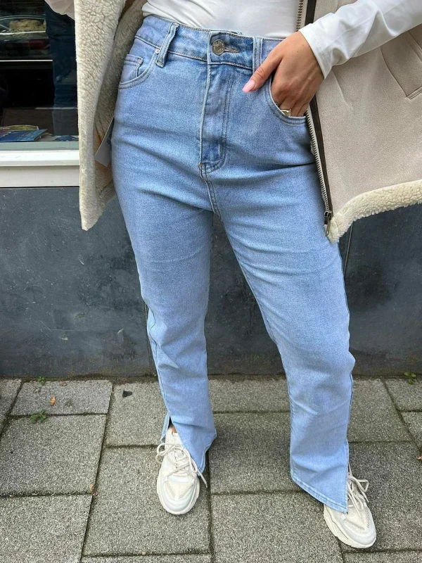 LOF Boutique Straight Fit Light Denim Split Jeans> Broeken