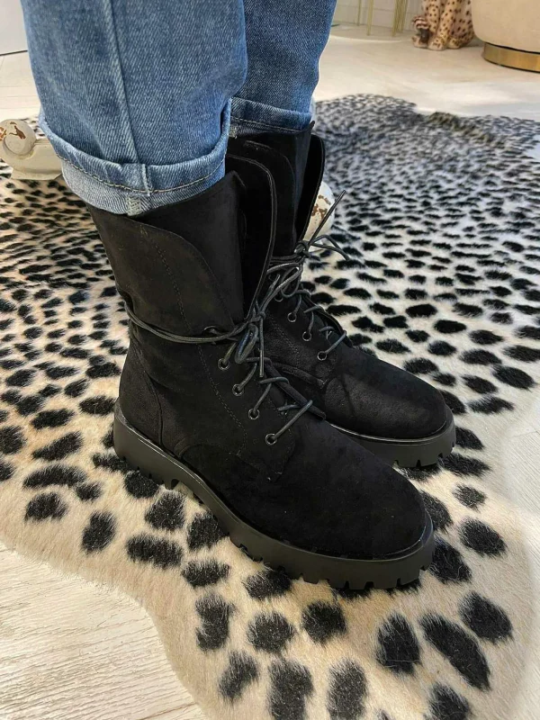 LOF Boutique Suedine Veter Boots Black> Laarzen