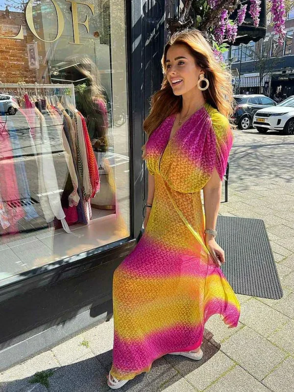 LOF Boutique Treasure Maxi Dress Yellow & Fuchsia> Jurken