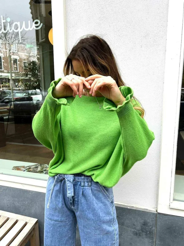 LOF Boutique Vlinder Ruffle Sleeve Green> Truien