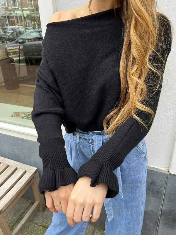 LOF Boutique Vlinder Ruffle Sleeve Zwart> Truien