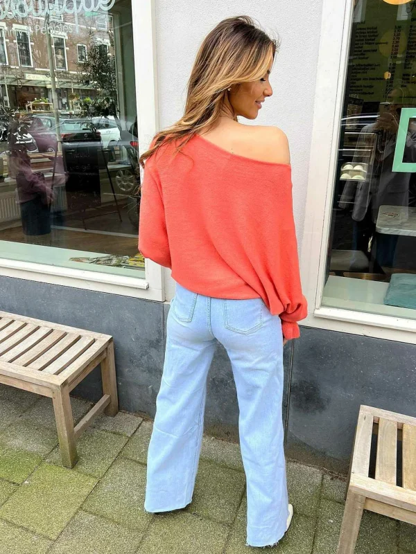 LOF Boutique Wide Leg Ribbed Knee Jeans Blue> Broeken