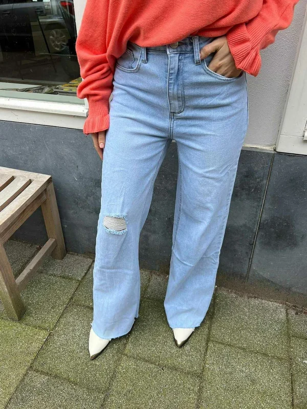 LOF Boutique Wide Leg Ribbed Knee Jeans Blue> Broeken