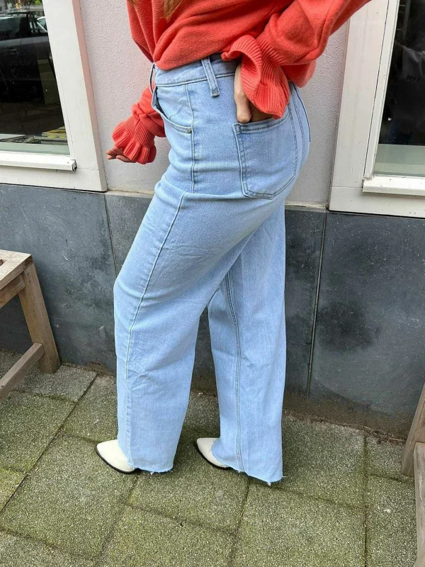 LOF Boutique Wide Leg Ribbed Knee Jeans Blue> Broeken